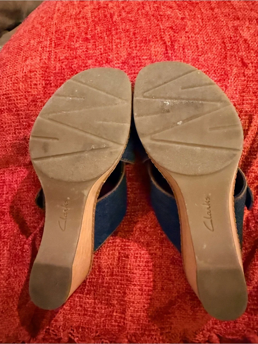 Clarks Denim Crossover Wedge Sandals with Tan Accents